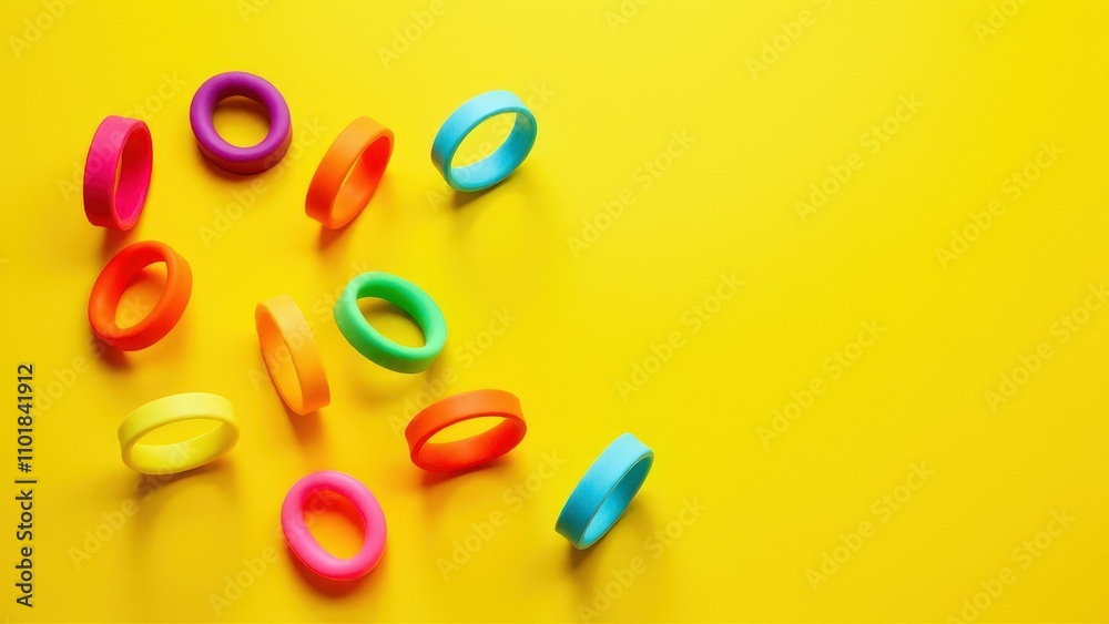 Naklejka premium Vibrant silicone bracelets scattered on a bright yellow background.
