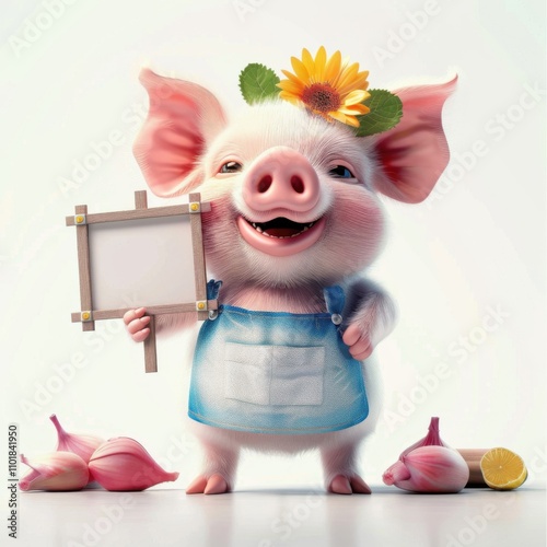 Adorable hungry pig holding an empty sign, perfect for menu boards, invitations, or sale promotions. Cute 3D illustration.