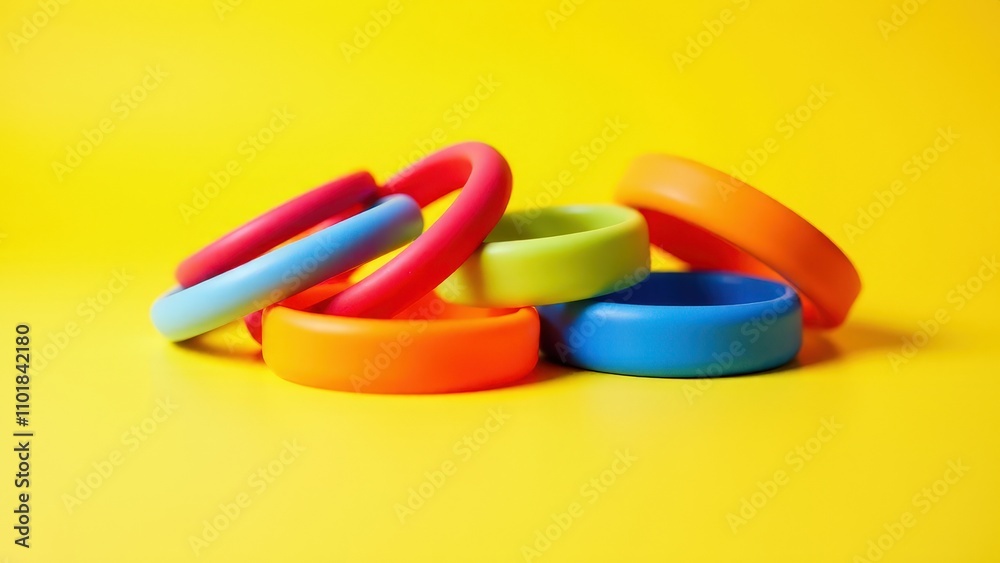 Blank silicone bracelets arranged on a bright yellow background.