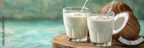 Coconut milk drinks served in glasses with fresh coconut halves and palm leaves