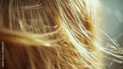 Closeup of a hairstyle highlighting dried blond hair in daylight, capturing blond strands from front to rear, with a glaucium light adding shine and bokeh effects throughout the image. photo