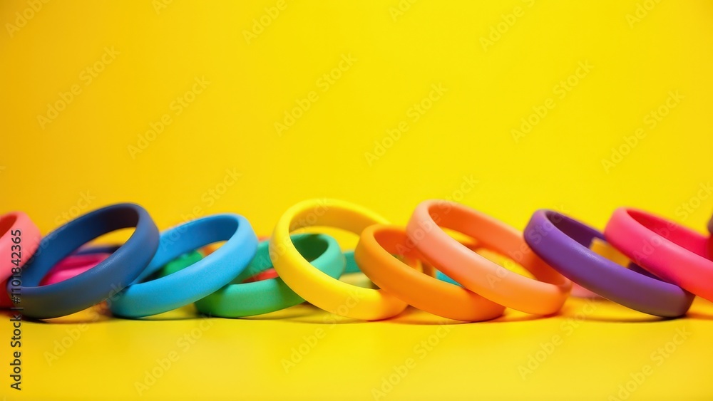 Eye-catching silicone bracelets scattered on a yellow surface.