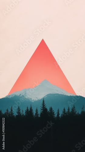 Mountain silhouette with geometric shape at sunset in a tranquil landscape