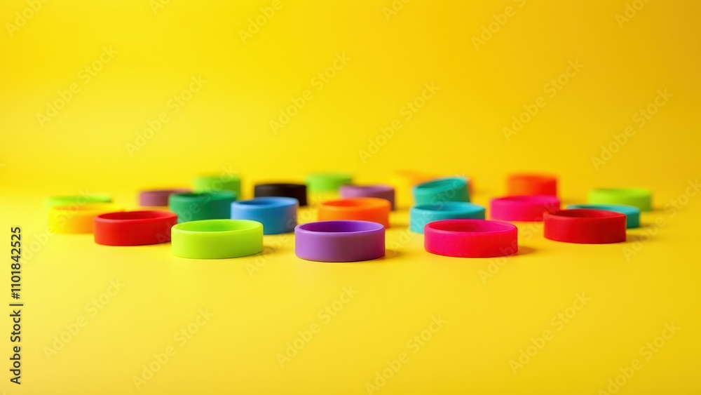 Silicone bracelets with blank surfaces on a vivid yellow backdrop. Silicone bracelets with blank surfaces on a vivid yellow backdrop.