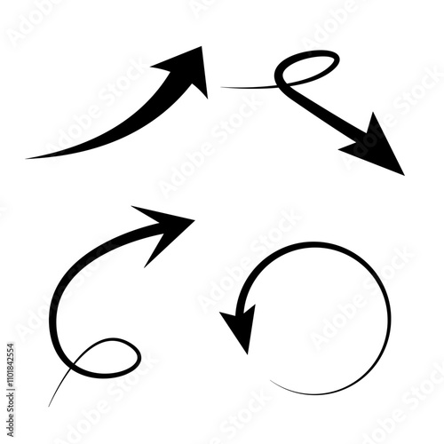Arrow vector icons 4 set. Sketch arrow design for business plan and education. Set of arrows black icons. Circle arrows, rotate arrow, redo process symbol.