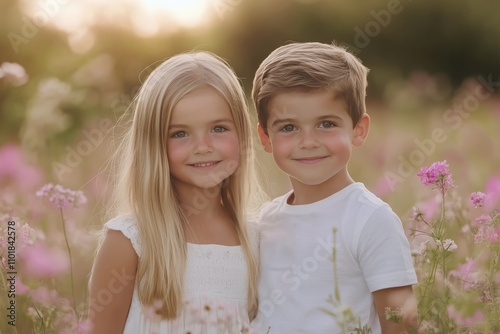 Children smile together in a vibrant flower field during a sunny day in spring