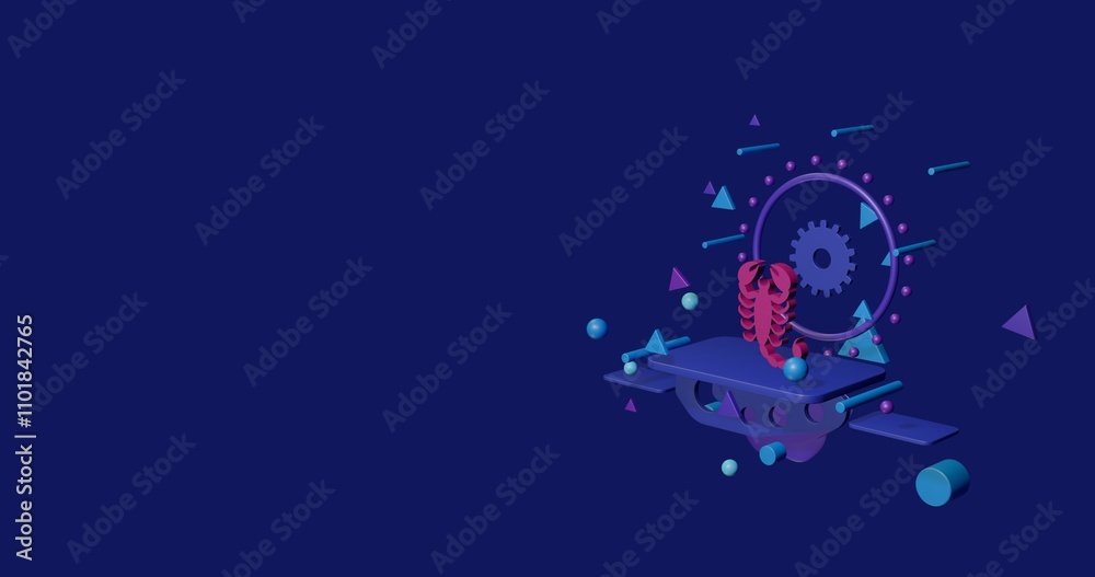 Naklejka premium Pink scorpio symbol on a pedestal of abstract geometric shapes floating in the air. Abstract concept art with flying shapes on the right. 3d illustration on indigo background