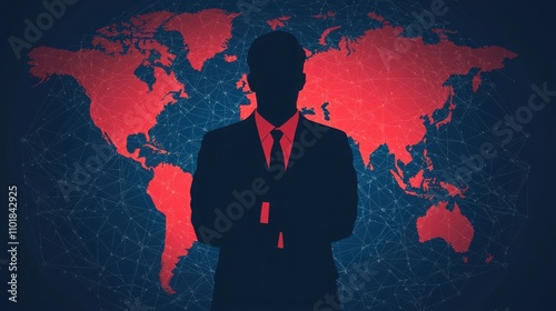 A silhouette of a suited figure stands against a red and dark world map, symbolizing global influence and power.