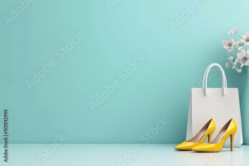 Stylish yellow heels and elegant flowers create a vibrant display on a teal b...