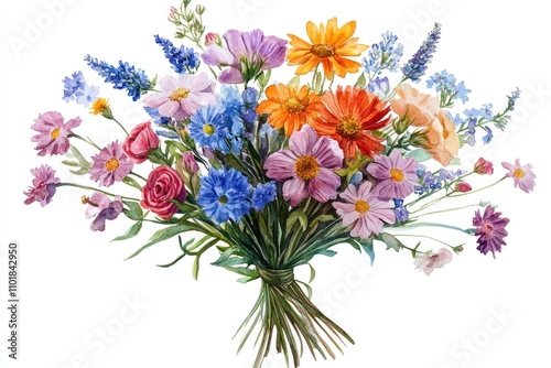A vibrant bouquet of assorted flowers, including pink, purple, blue, orange, and yellow blossoms, tied with green stems against a white background.
