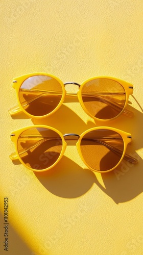 Stylish round sunglasses resting on a bright yellow background with distinct ...