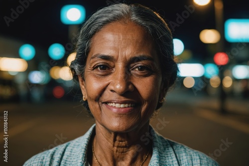 Close portrait of a smiling senior Mauritian woman looking at the camera, Mauritian city outdoors at night blurred background