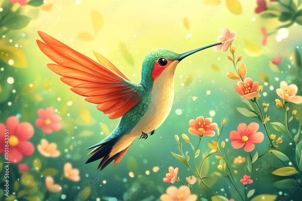 Obraz premium A vibrant hummingbird with iridescent green and blue feathers hovers in mid-air, beak extended towards a delicate pink flower, surrounded by a vibrant green and pink floral backdrop in a dreamy, 