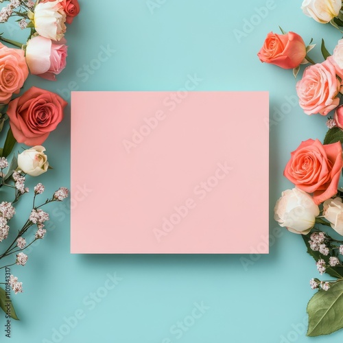 Delicate arrangement of pink flowers and stationery on a soft blue background