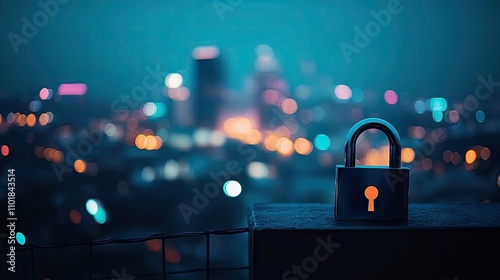 Symbolic locked padlock icon against a blurred cityscape background at night, emphasizing the themes of cyber security and data privacy, with ample photo style copy space available. photo