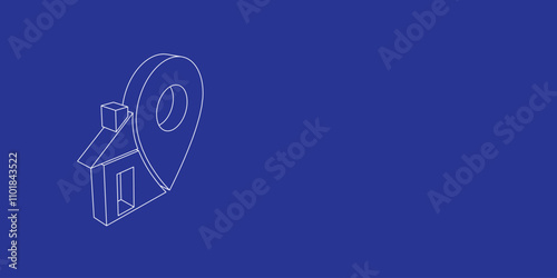 The outline of a large real estate location symbol made of white lines on the left. 3D view of the object in perspective. Vector illustration on indigo background