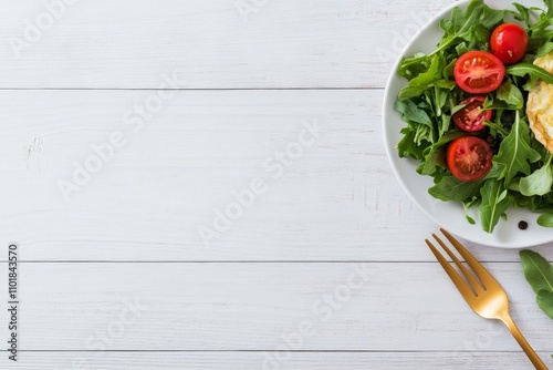 Fresh salad with cherry tomatoes and an omelette served on a white wooden table