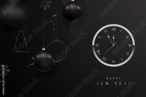 Elegant New Year clock and black ornaments on dark background