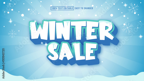 Editable text effect, winter sale snow freeze effect with 3D style lettering.