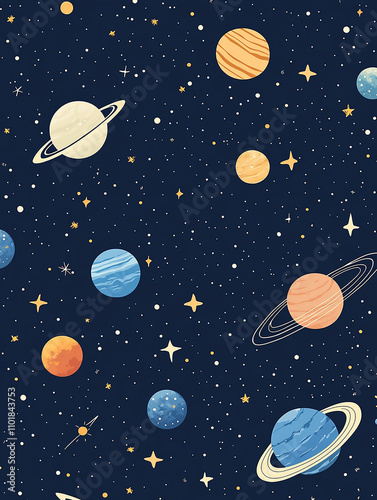 A colorful painting of the solar system with planets and stars. 