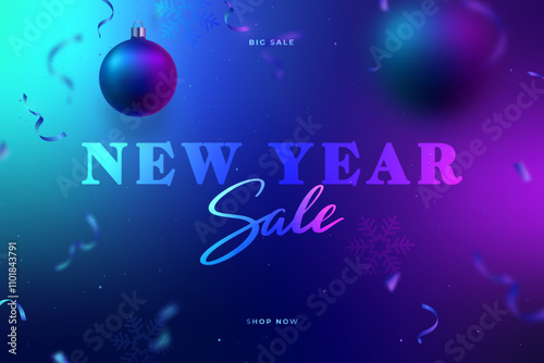 New Year sale banner with glowing neon text and bauble.