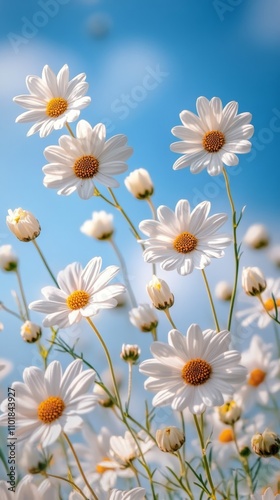 Fields of daisies blooming under a clear blue sky in springtime sunlight