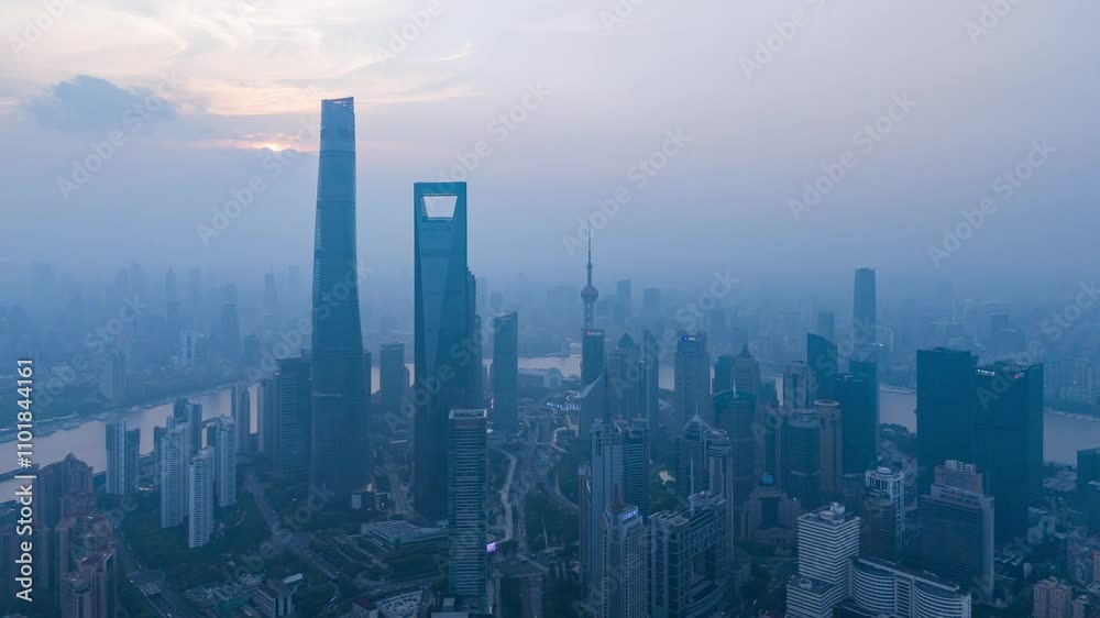 4K time lapse Aerial View of Shanghai skyline at sunset with the Winding Huangpu River 4K time lapse Aerial View of Shanghai skyline at sunset with the Winding Huangpu River