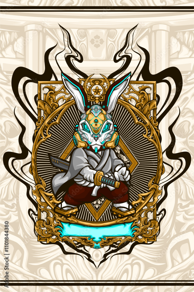 Obraz premium samurai rabbit cyberpunk vector illustration