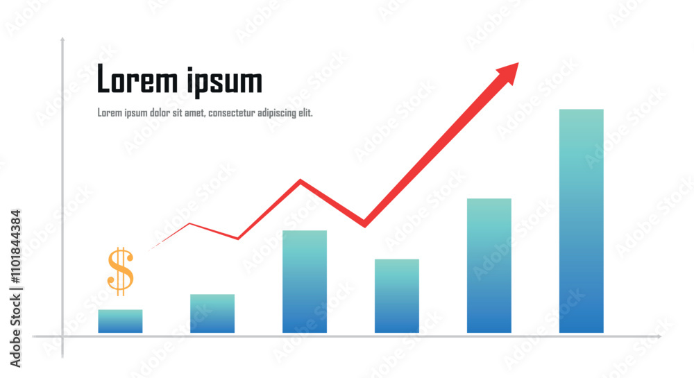 Bar graph with upward line, business and financial concept, increase value, infographics chart on white background Bar graph with upward line, business and financial concept, increase value, infographics chart on white background