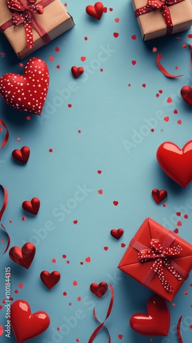 Colorful gifts and hearts create a festive atmosphere on a blue background fo...