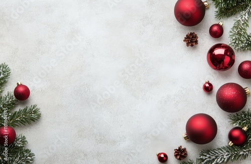 Festive holiday decorations with red ornaments and pine branches on a light b...