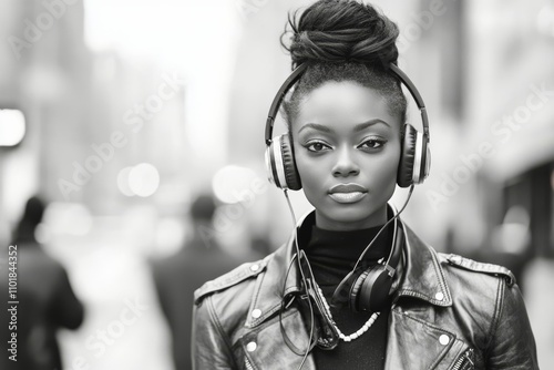 Woman wearing headphones enjoys music outdoors in urban setting on a sunny day