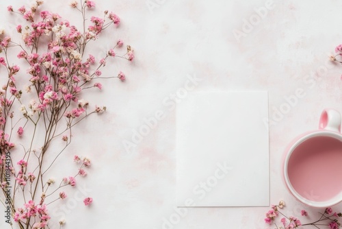 Delicate pink flowers and a cup of pink drink with a blank card on a light ba...
