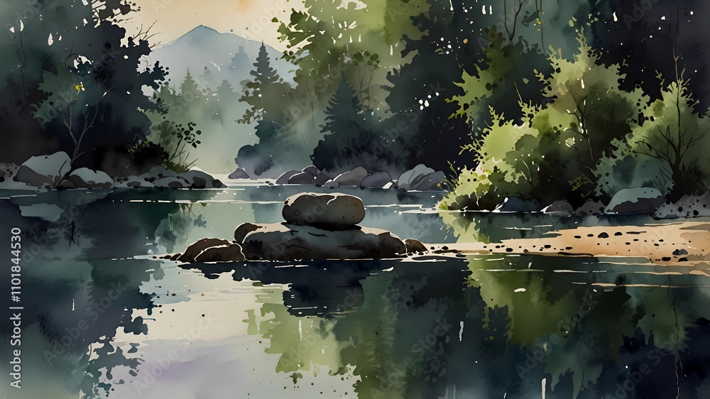 Naklejka premium Tranquil Forest Oasis with Zen Stones and Reflections