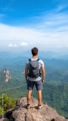 Hiker standing on a cliff edge overlooking a vast landscape in a mountainous ...