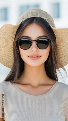 Woman wearing sunglasses and straw hat enjoying ocean view on a sunny day