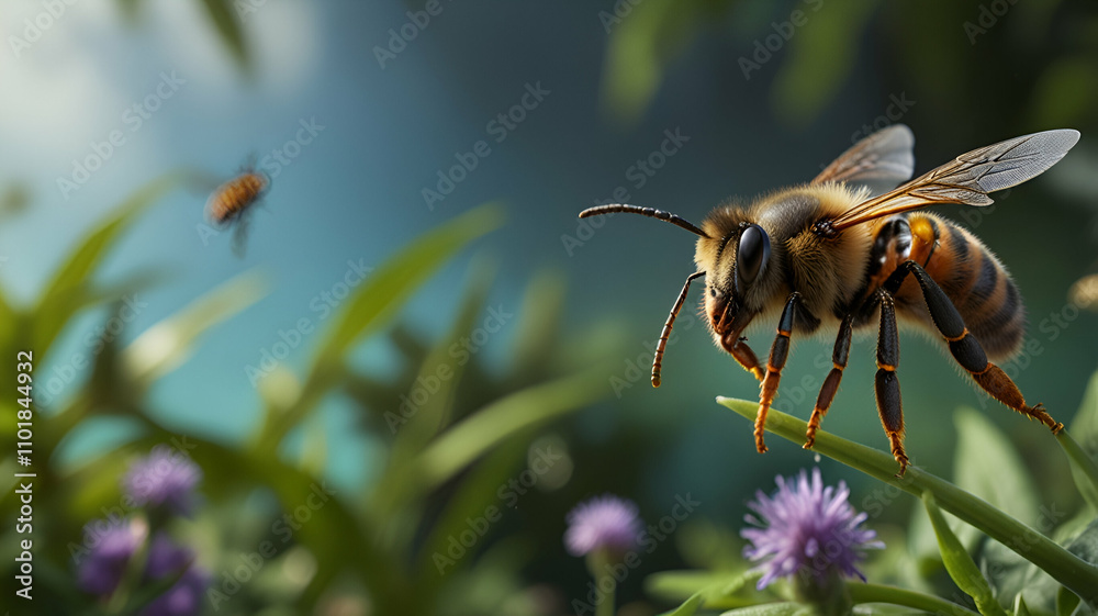 bee on a flower,bee ,flowers, leaves,blue background bee on a flower,bee ,flowers, leaves,blue background