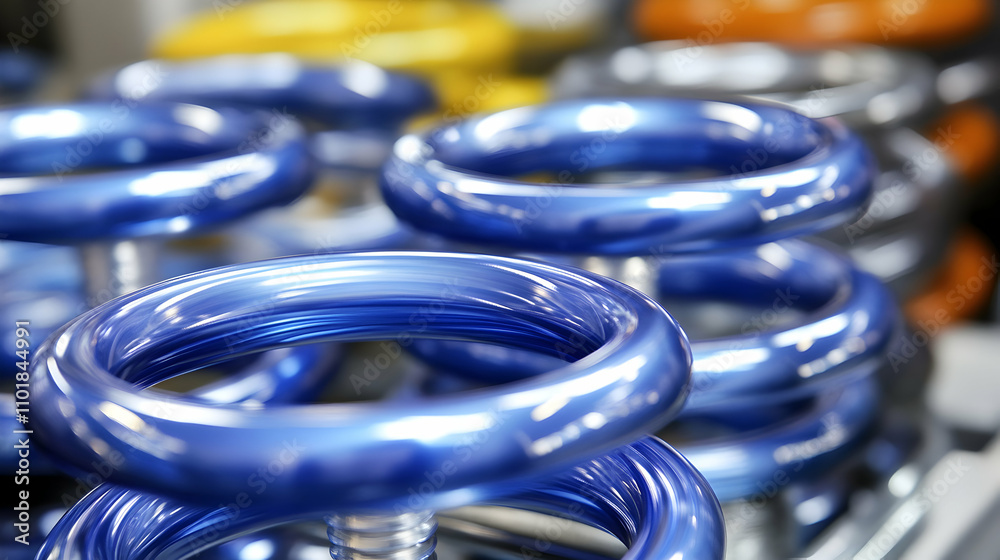Vibrant Blue Metal Coils, Abstract Background of Shiny, Reflective Springs