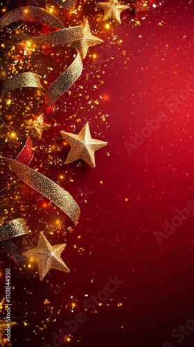 Festive holiday decoration with gold stars and red ribbons on a sparkling bac...