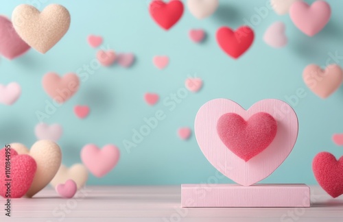 Floating hearts create a romantic atmosphere in a soft pink setting