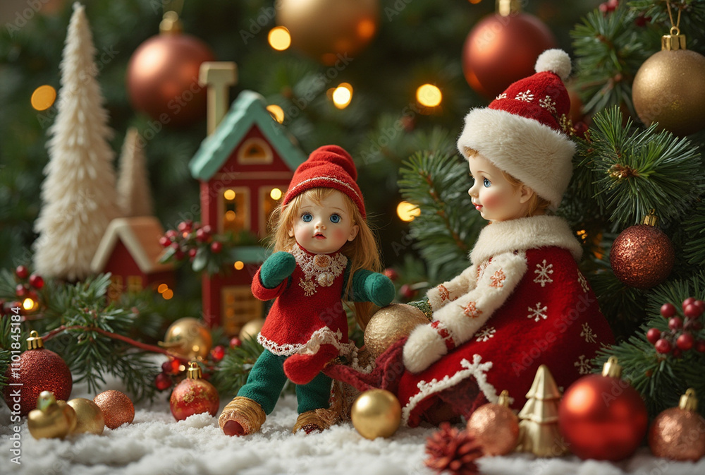Whimsical Christmas Toy Display with Festive Ornaments Whimsical Christmas Toy Display with Festive Ornaments