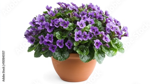 A vibrant bouquet of African violets with glossy green leaves arranged in a terracotta pot, perfect for adding a touch of nature and color. Includes ample copy space for design.