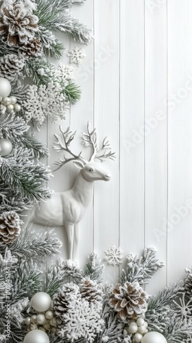 White reindeer decoration surrounded by festive greenery and snowflakes in a ...
