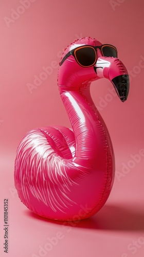 Inflatable flamingo wearing sunglasses against a vibrant pink background