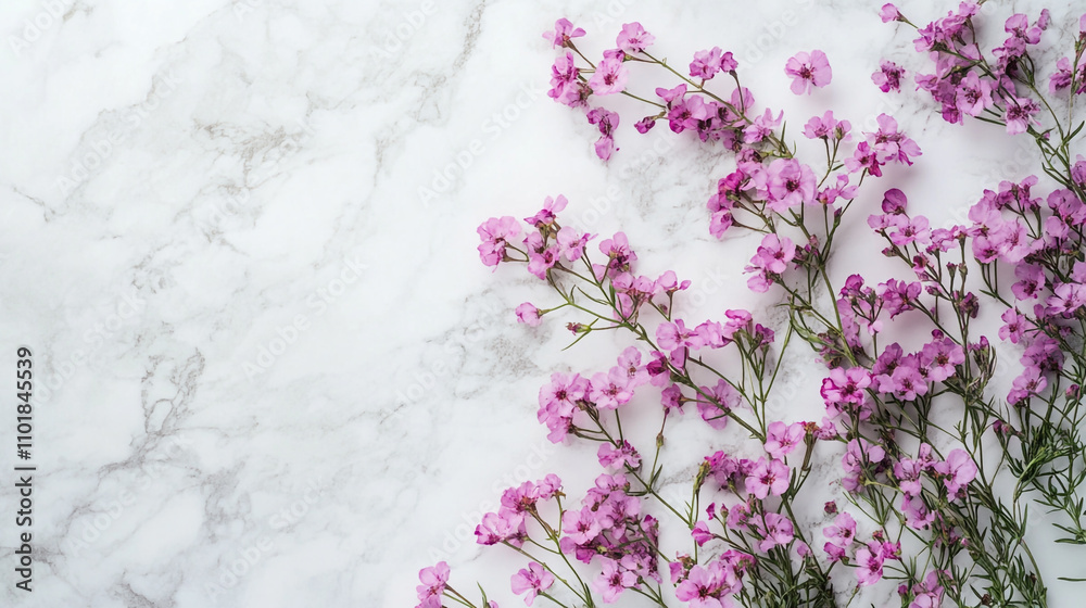 Pink flowers placed on marble surface creating a natural and elegant arrangement Pink flowers placed on marble surface creating a natural and elegant arrangement