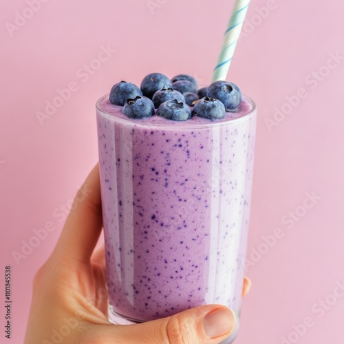 Blueberry smoothie with fresh berries held against a pink background