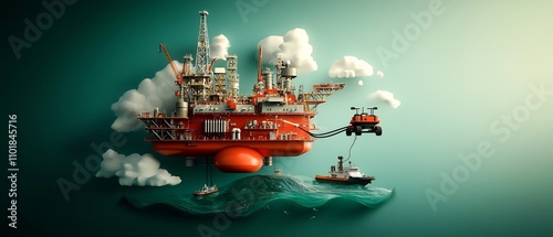 Expansive offshore oil and gas platform with a sprawling network of subsea pipelines and a construction vessel deploying a remote operated underwater vehicle ROV to inspect and maintain critical