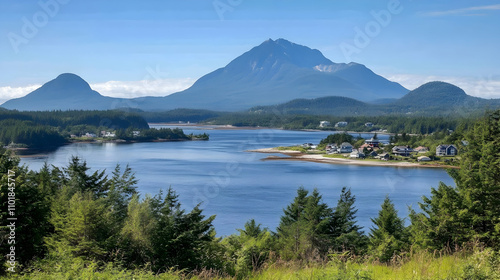 Coastal Mountain View, Serene Inlet with Houses Nestled Amongst Lush Evergreen Forests, Under a Clear Blue Sky