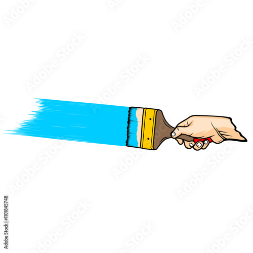 right hand holding a paintbrush painting wall blue color vector illustration