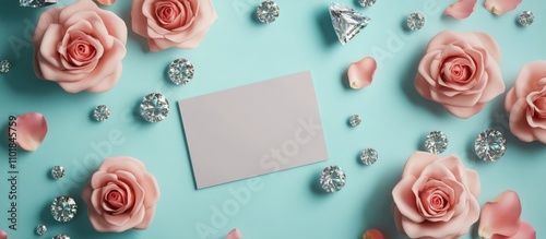 Elegant arrangement of pink roses and gemstones on a soft blue background for...